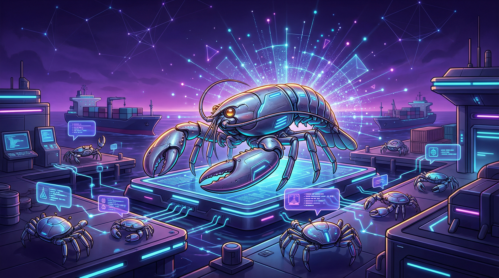 Cyberpunk lobster and robotic crabs in a neon network city representing OpenClaw growth