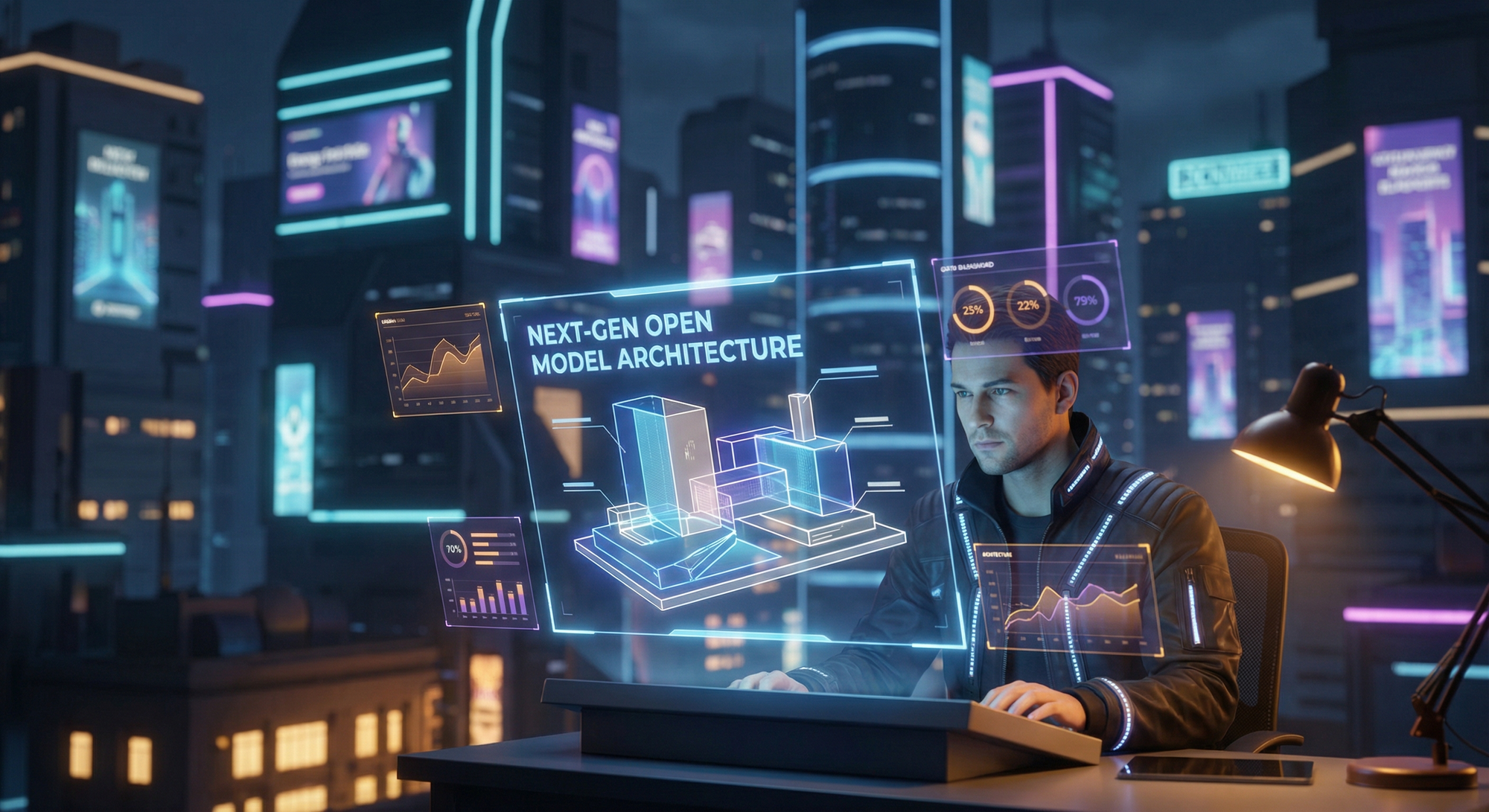 Cyberpunk analyst reviewing next-generation open model architecture projections