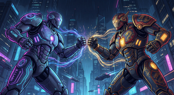 Two giant rival AI robots facing each other in a cyberpunk city, representing US and China model competition